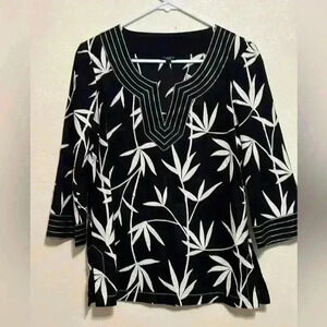 Talbots Black and White Botanical Tunic Blouse